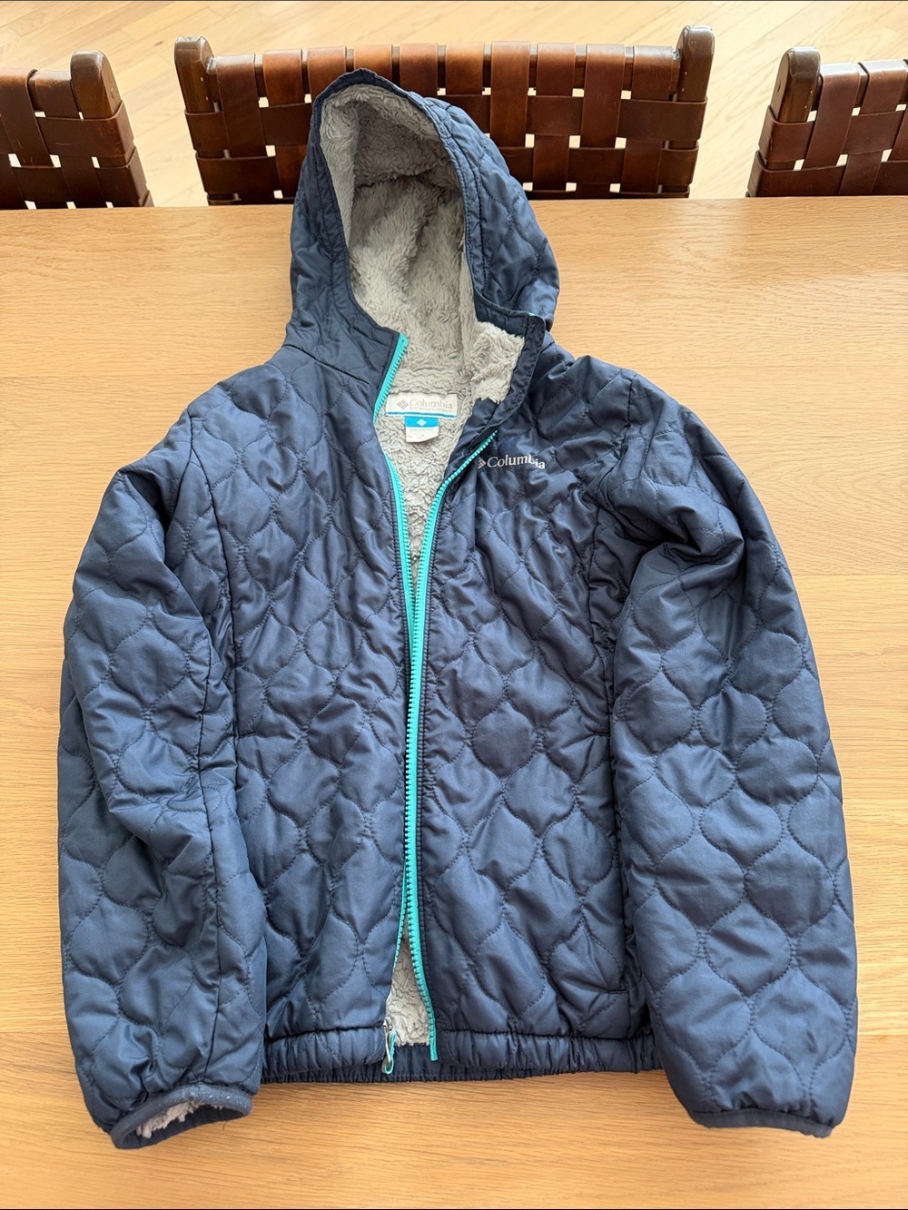 Columbia Navy Hooded Quilted Jacket with Cream Sherpa boys size M 10/12 - Picture 2 of 11